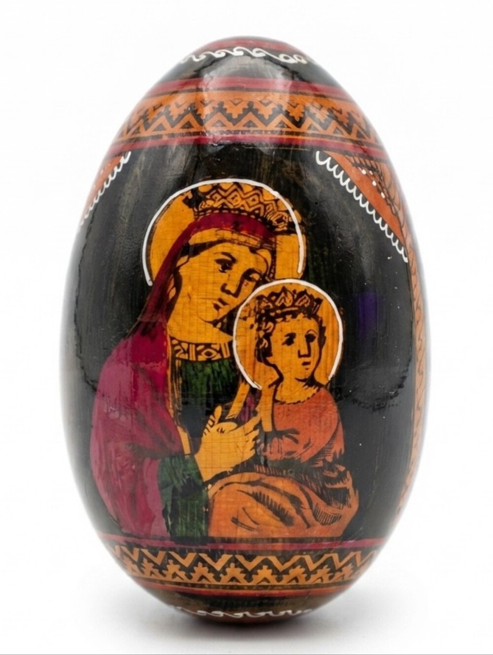 Hand Painted Religious Icon Wooden Egg — Madonna & Sacred Heart ~ Folk Art VTG